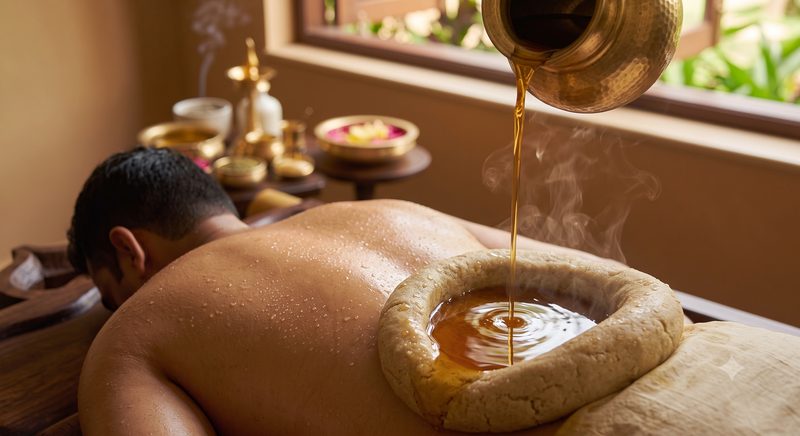 Janu Basti — warm oil pooled over the knee joint for osteoarthritis